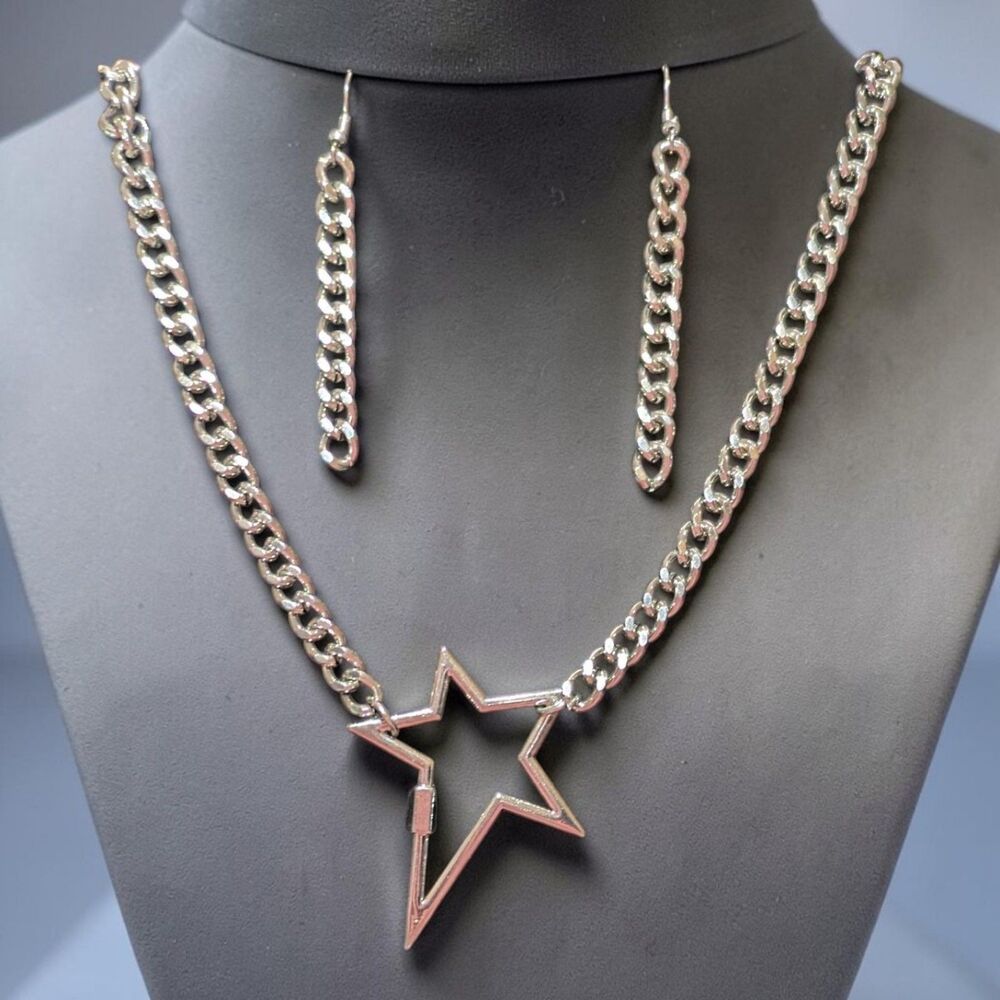Silver Tone Star Pendant Chunky Chain Necklace Matching Dangle Earrings Jewelry